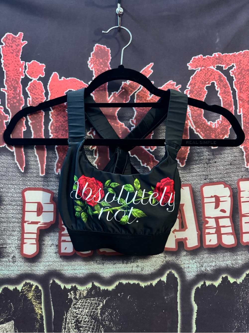 Absolutely Not Black Sports Bralette with Red Rose Graphic